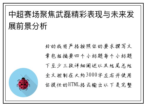 中超赛场聚焦武磊精彩表现与未来发展前景分析